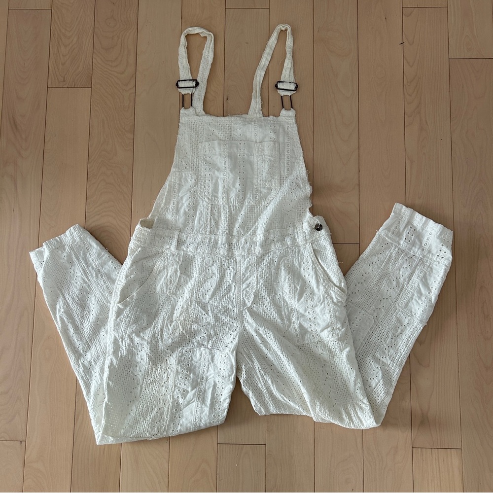 Free People White Eyelet Crochet Overalls